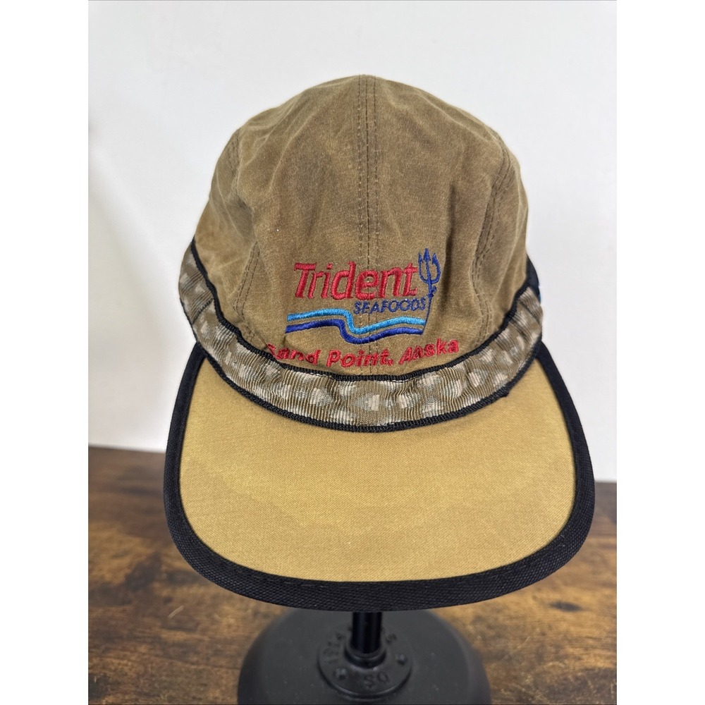 KAVU Canvas Trail Panel Hat Tan Trident Seafoods Logo USA Strap Back Sz M EUC